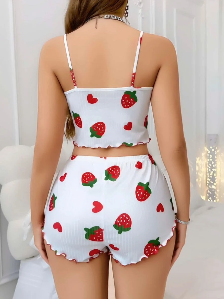 Kadın Beyaz Çilek Desenli Şortlu Pijama Takımı 5053