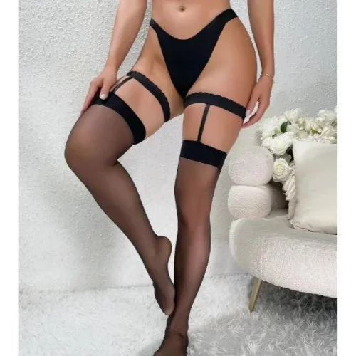 Fantezi Kadın Siyah Dantel Bacak Bantlı String Jartiyer Çorap Takımı