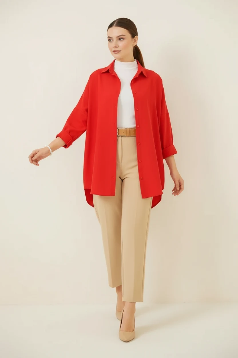 Kadın Oversize Kesim Basic Pamuklu Kırmızı Tesettür Gömlek