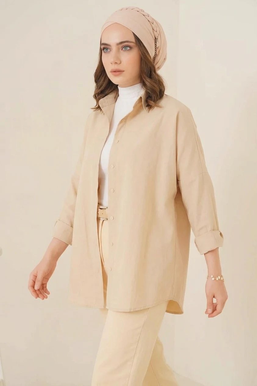 Kadın Oversize Basic Pamuklu Krem Tesettür Gömlek