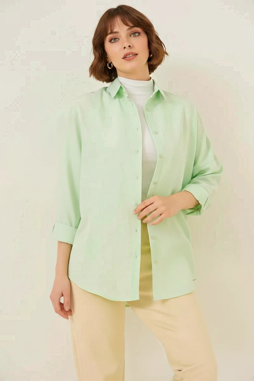 Kadın Oversize Kesim Basic Pamuklu Çağla Yeşili Tesettür Gömlek
