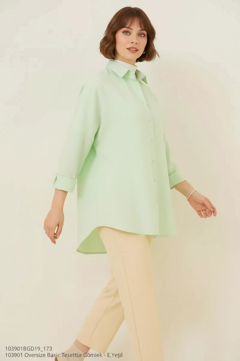 Kadın Oversize Kesim Basic Pamuklu Çağla Yeşili Tesettür Gömlek
