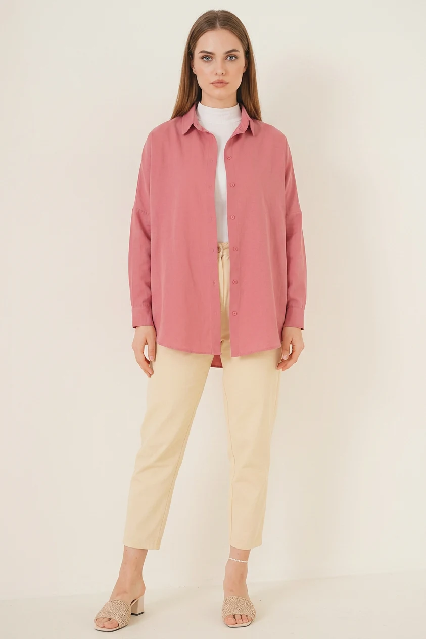 Kadın Basic Oversize Pamuklu Gül Kurusu Tesettür Gömlek