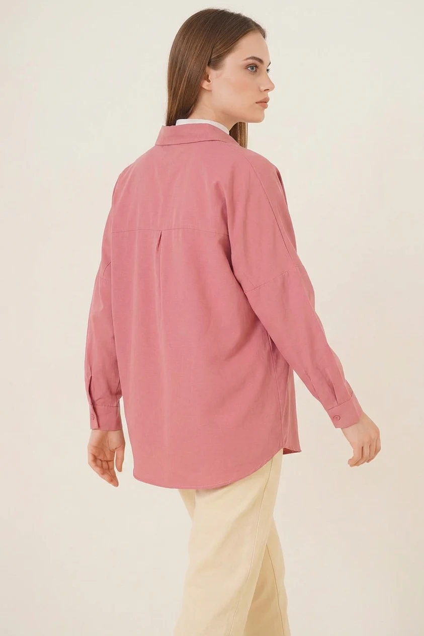Kadın Basic Oversize Pamuklu Gül Kurusu Tesettür Gömlek