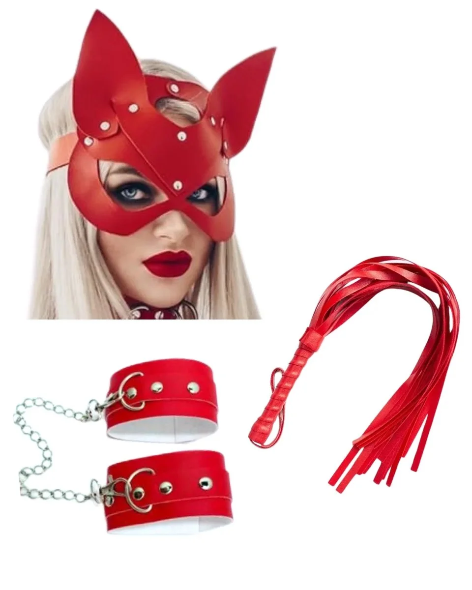 Fantezi Deri Seksi Kırmızı Kedi Maske Kelepçe Kırbaç Seti ( 3'lü Set)
