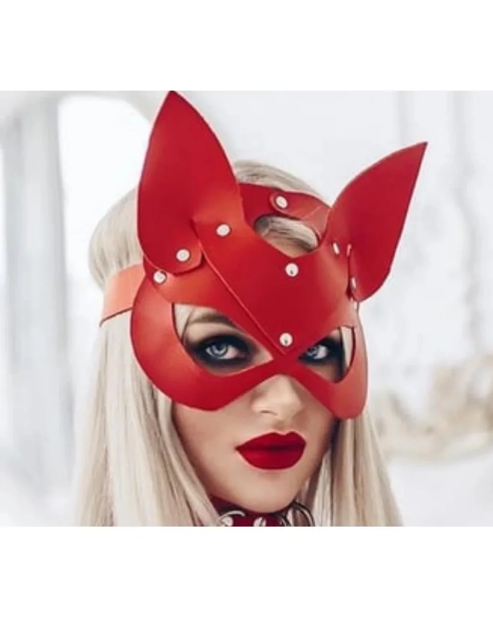 Fantezi Deri Seksi Kırmızı Kedi Maske Kelepçe Kırbaç Seti ( 3'lü Set)