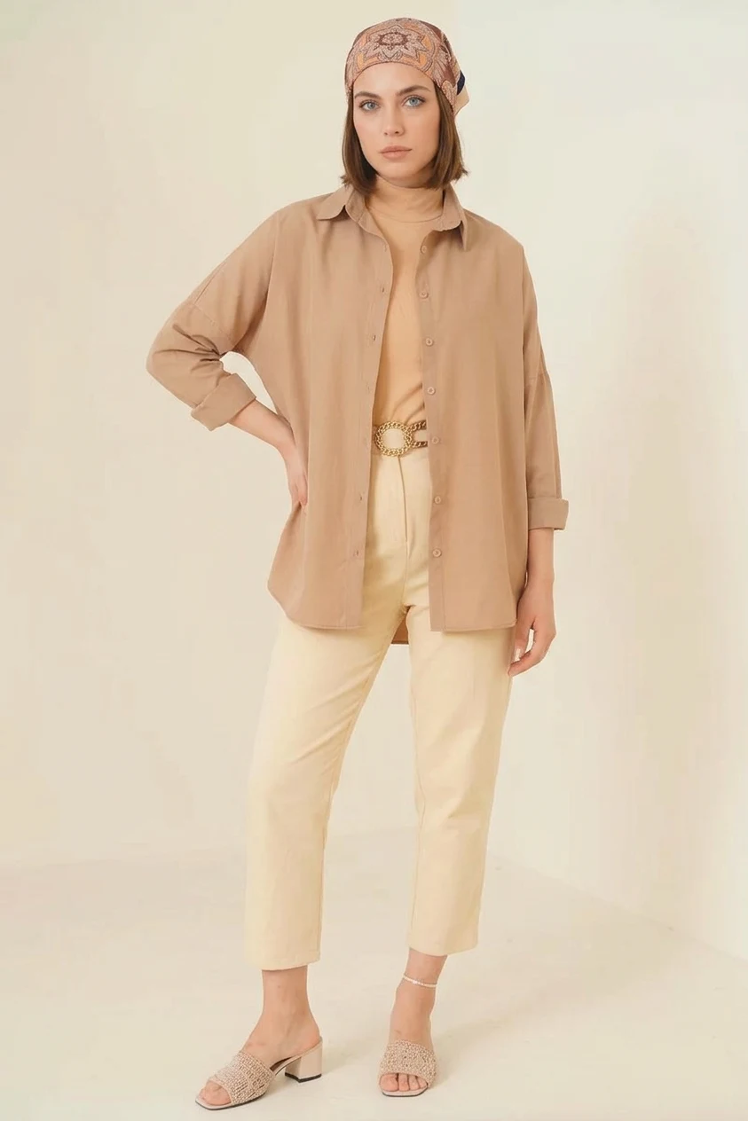 Kadın Oversize Kesim Basic Pamuklu Camel Tesettür Gömlek