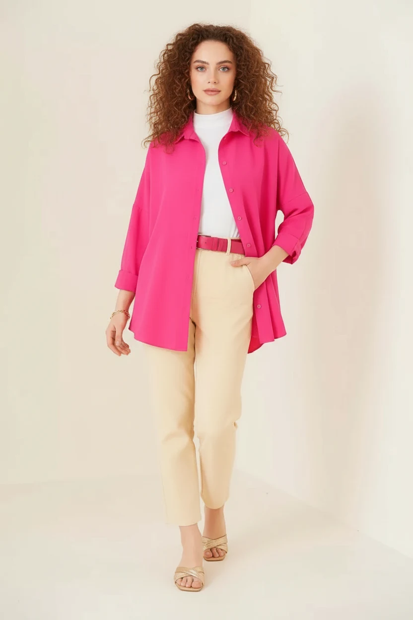 Kadın Oversize Kesim Basic Pamuklu Koyu Pembe Tesettür Gömlek