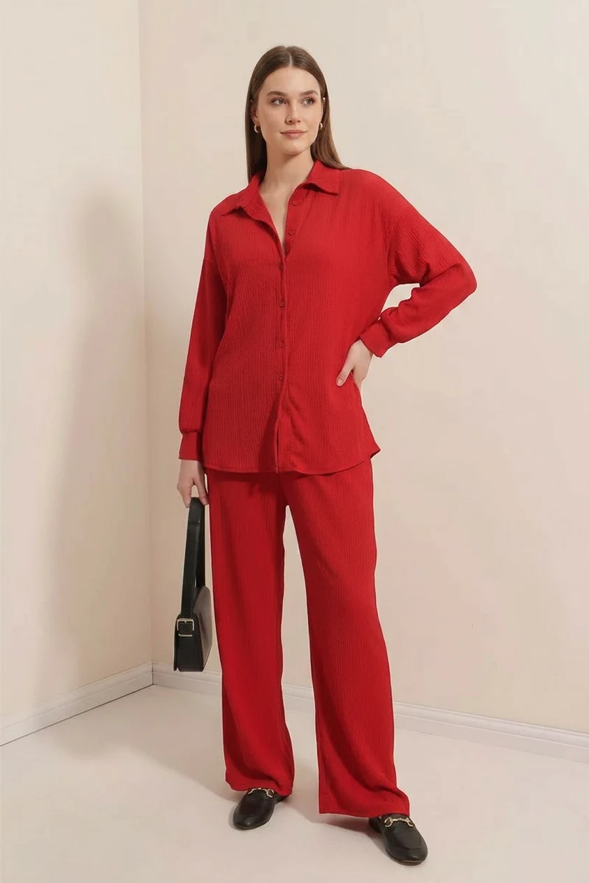 Kadın Gömlek Yaka Oversize Kırmızı İkili Takım