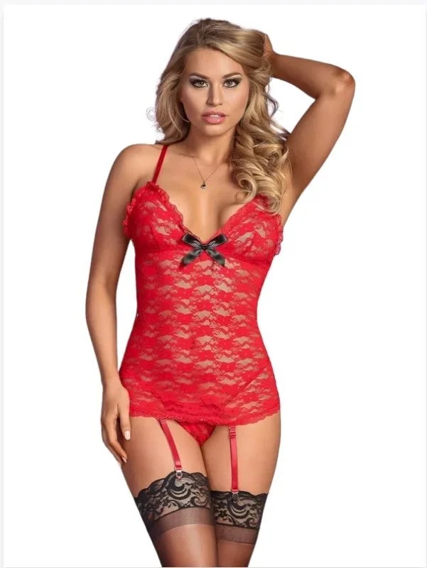 Fantezi Kırmızı Dantelli Seksi Elbise Jartiyer Takımı Düz Jartiyer Çoraplı