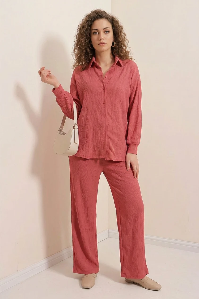 Kadın Gömlek Yaka Oversize Gül Kurusu İkili Takım