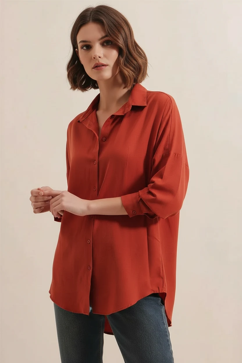 Kadın Oversize Basic Pamuklu Kiremit Gömlek