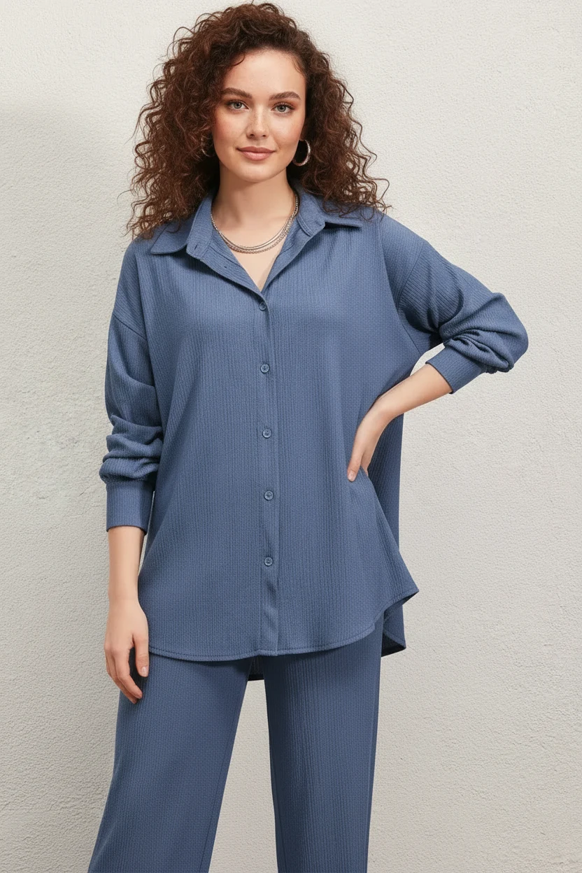 Kadın Gömlek Yaka Oversize İndigo İkili Takım
