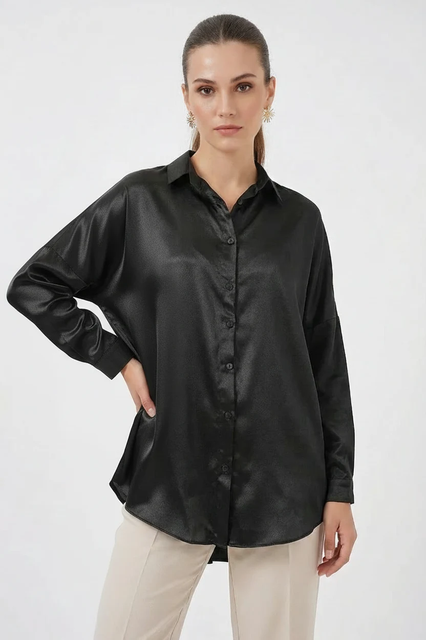 Kadın Oversize Saten Siyah Gömlek