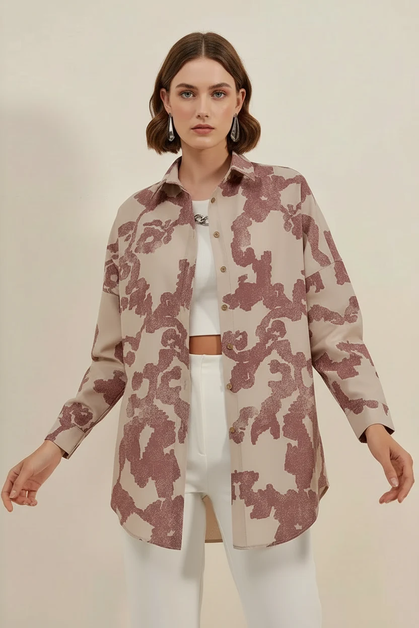 Kadın Basic Oversize Desenli Pamuklu Gül Kurusu Gömlek