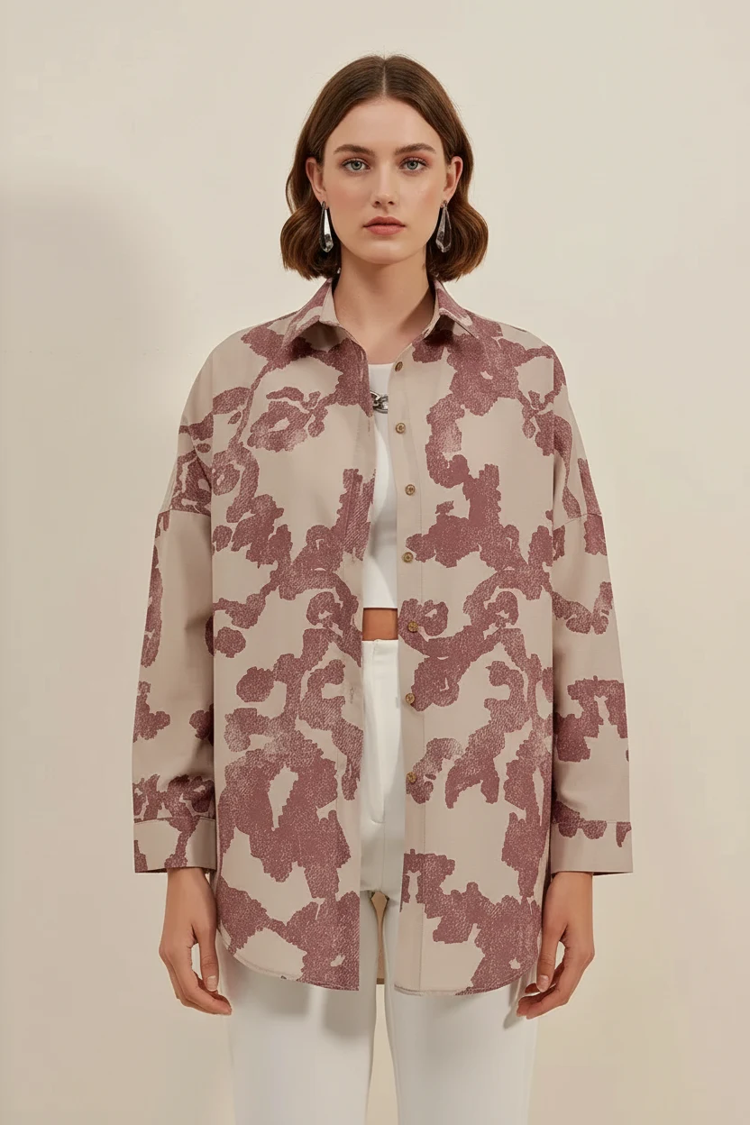 Kadın Basic Oversize Desenli Pamuklu Gül Kurusu Gömlek