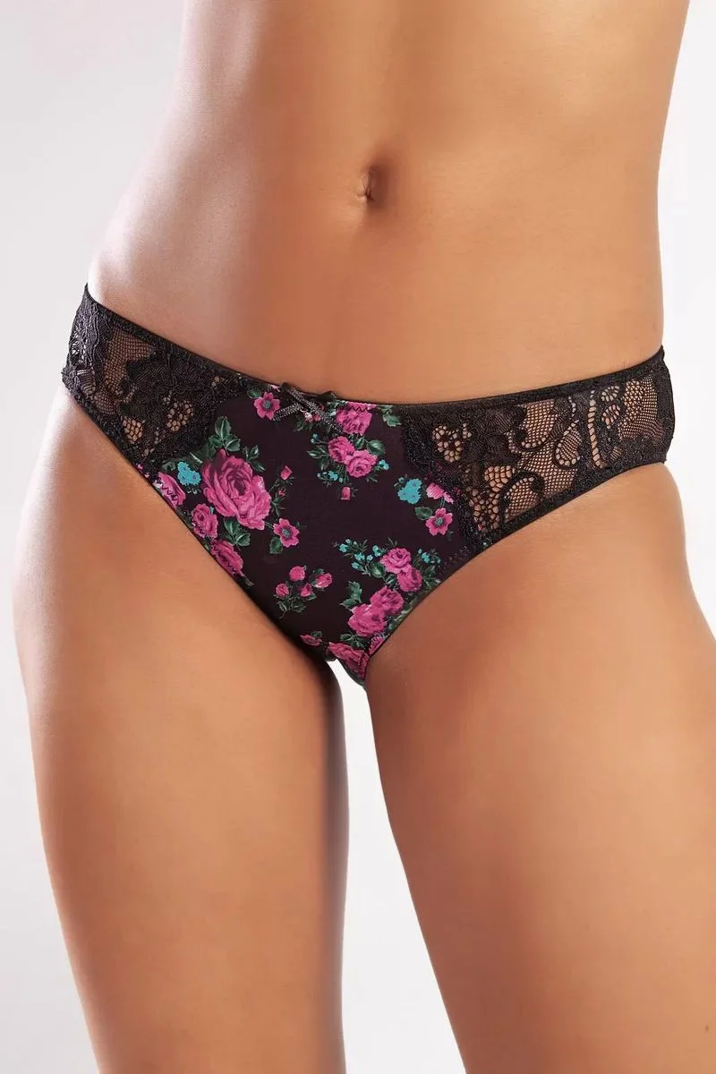 Golshan Gardenia Mini Slip, Kadın Dantelli Çiçek Baskılı Siyah Normal Bel Külot
