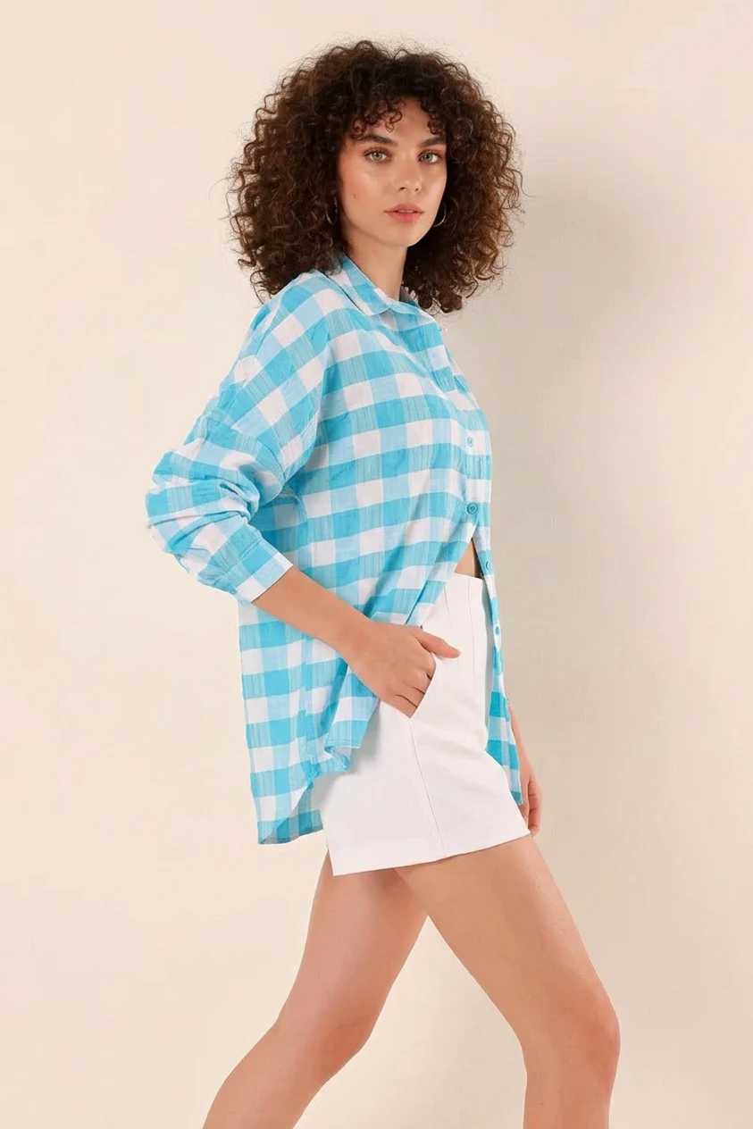 Kadın Kareli Desen Basic Oversize Pamuklu Mavi Gömlek