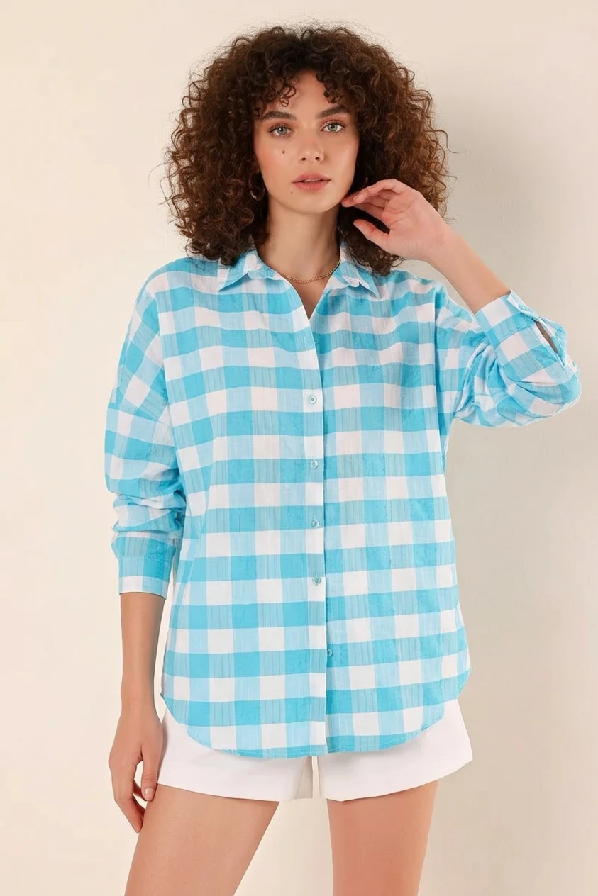Kadın Kareli Desen Basic Oversize Pamuklu Mavi Gömlek