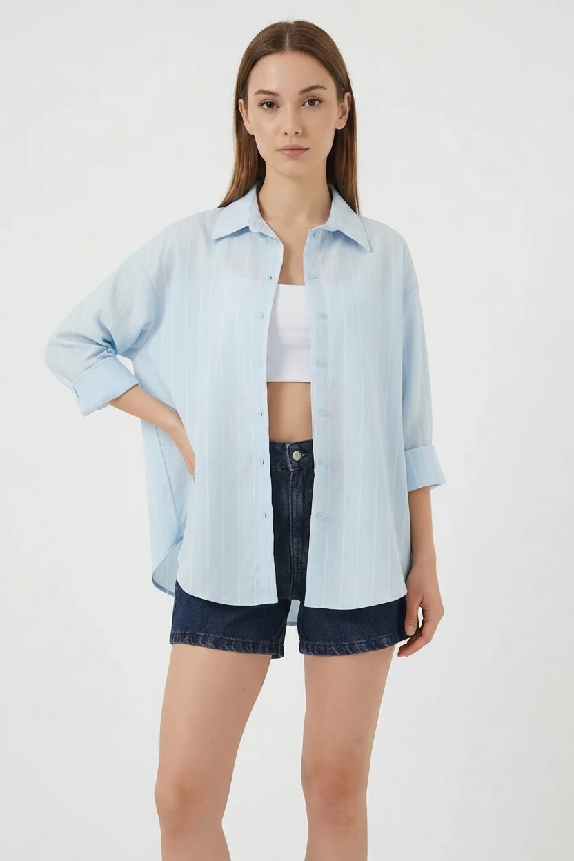 Kadın Basic Oversize Çizgili Pamuklu Mavi Gömlek