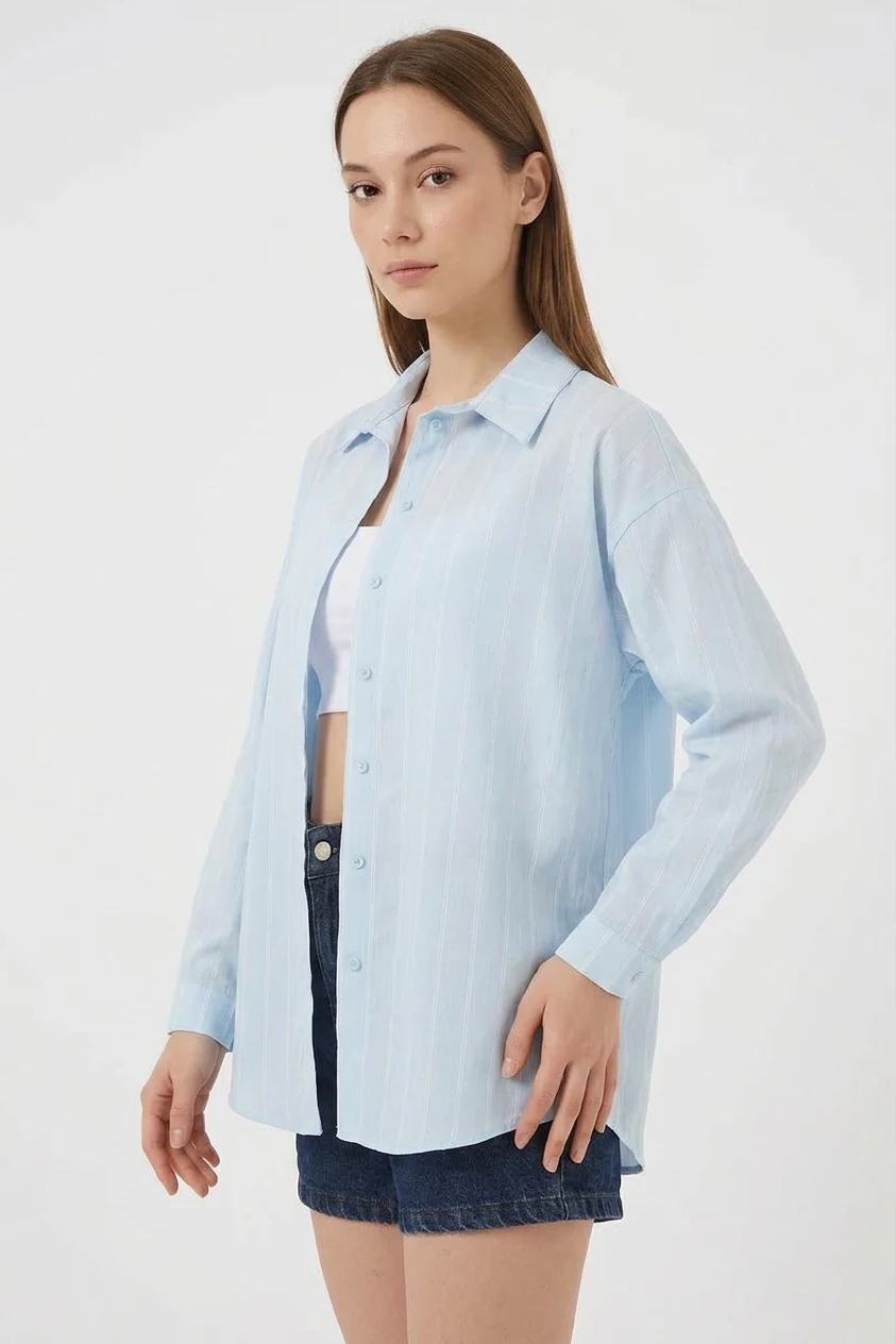 Kadın Basic Oversize Çizgili Pamuklu Mavi Gömlek