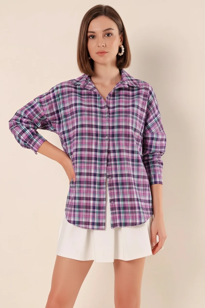 Kadın Basic Oversize Kareli Desenli Pamuklu Mor Beyaz Gömlek