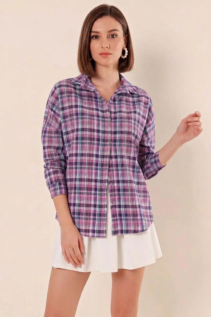 Kadın Basic Oversize Kareli Desenli Pamuklu Mor Beyaz Gömlek