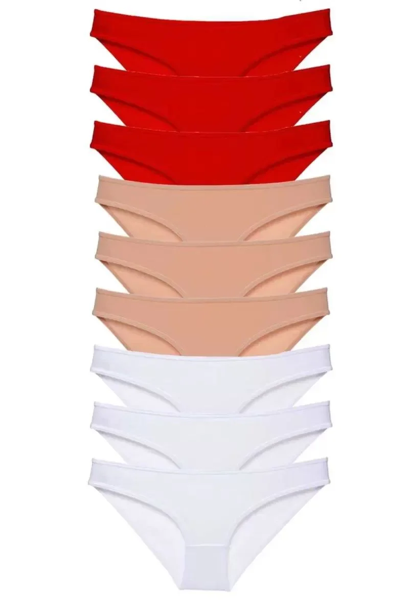 9 Adet Süper Eko Set Likralı Kadın Slip Külot Kırmızı Ten Beyaz