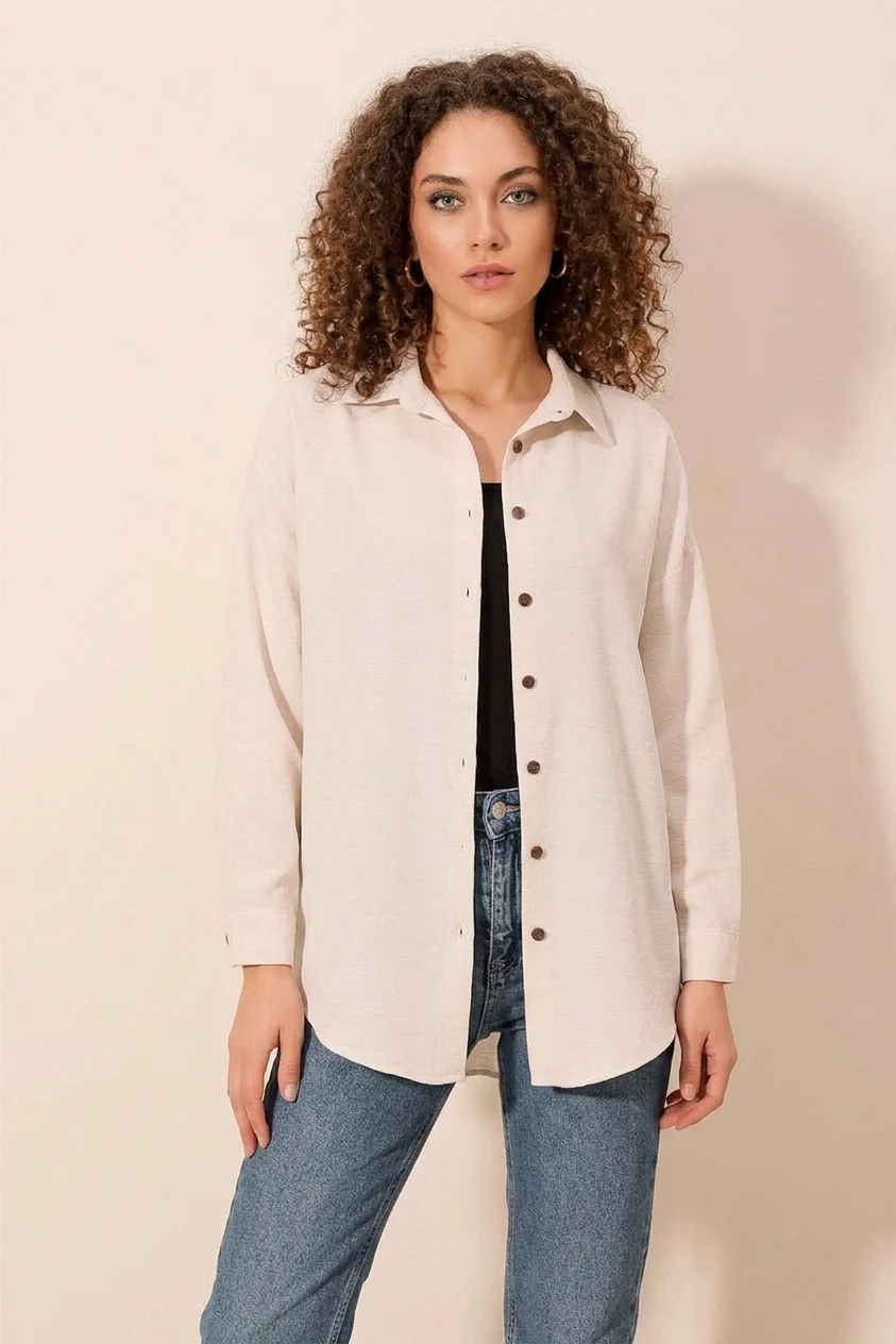 Kadın Oversize Basic Viskon Krem Gömlek
