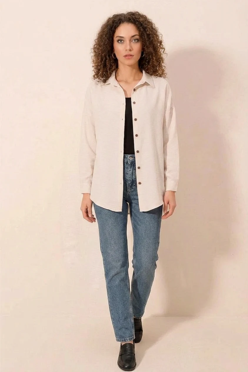 Kadın Oversize Basic Viskon Krem Gömlek