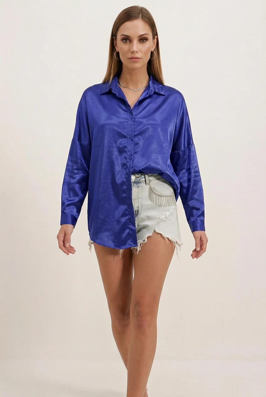 Kadın Oversize Saten Saks Gömlek