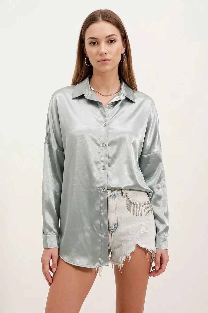 Kadın Oversize Kesim Saten Çağla Yeşili Gömlek