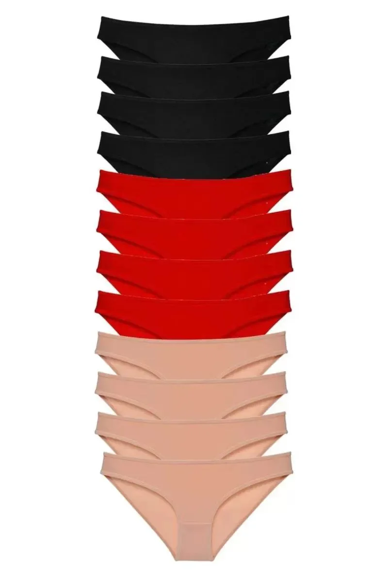 12 Adet Süper Eko Set Likralı Kadın Slip Külot Siyah Kırmızı Ten