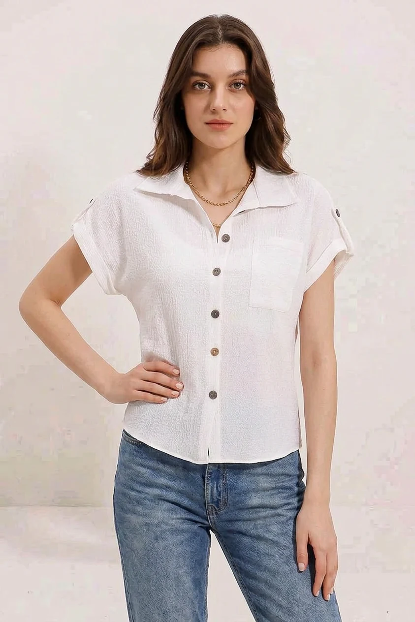 Kadın Kısa Kol Oversize Beyaz Gömlek