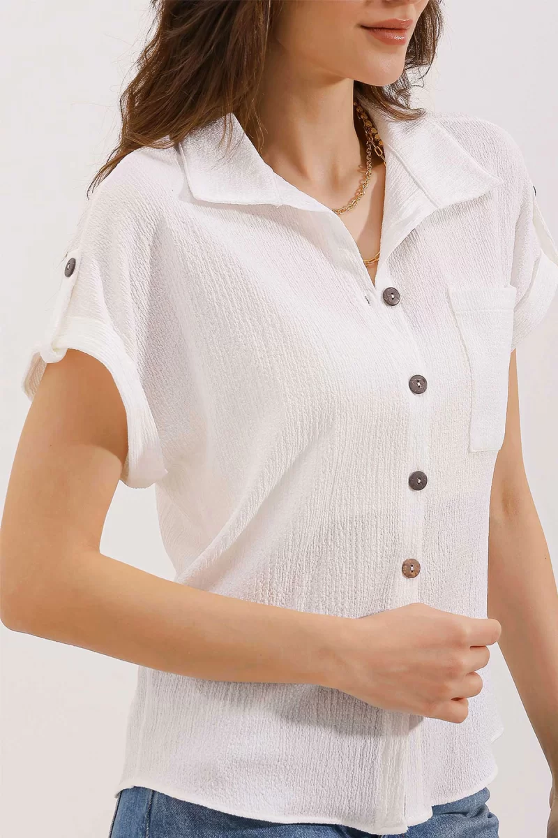Kadın Kısa Kol Oversize Beyaz Gömlek