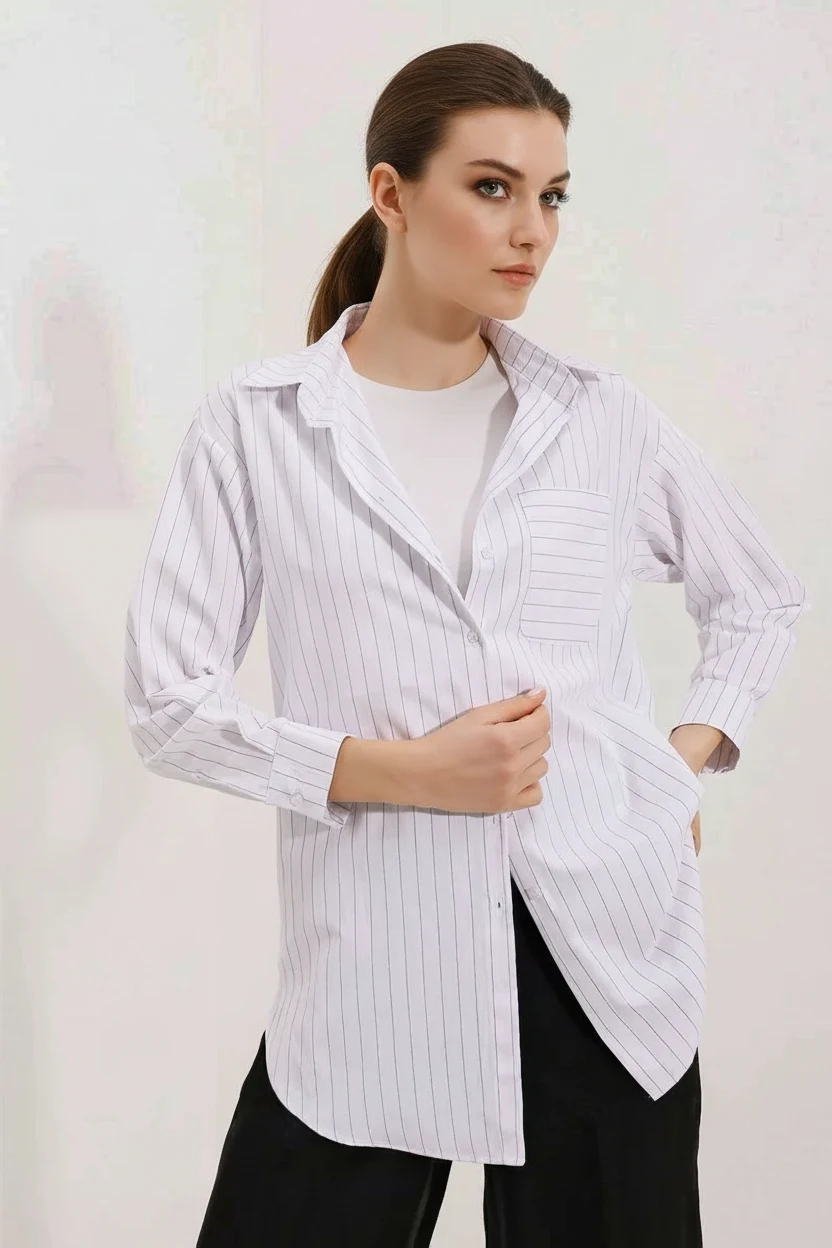 Kadın Oversize Çizgili Pamuklu Beyaz Gömlek