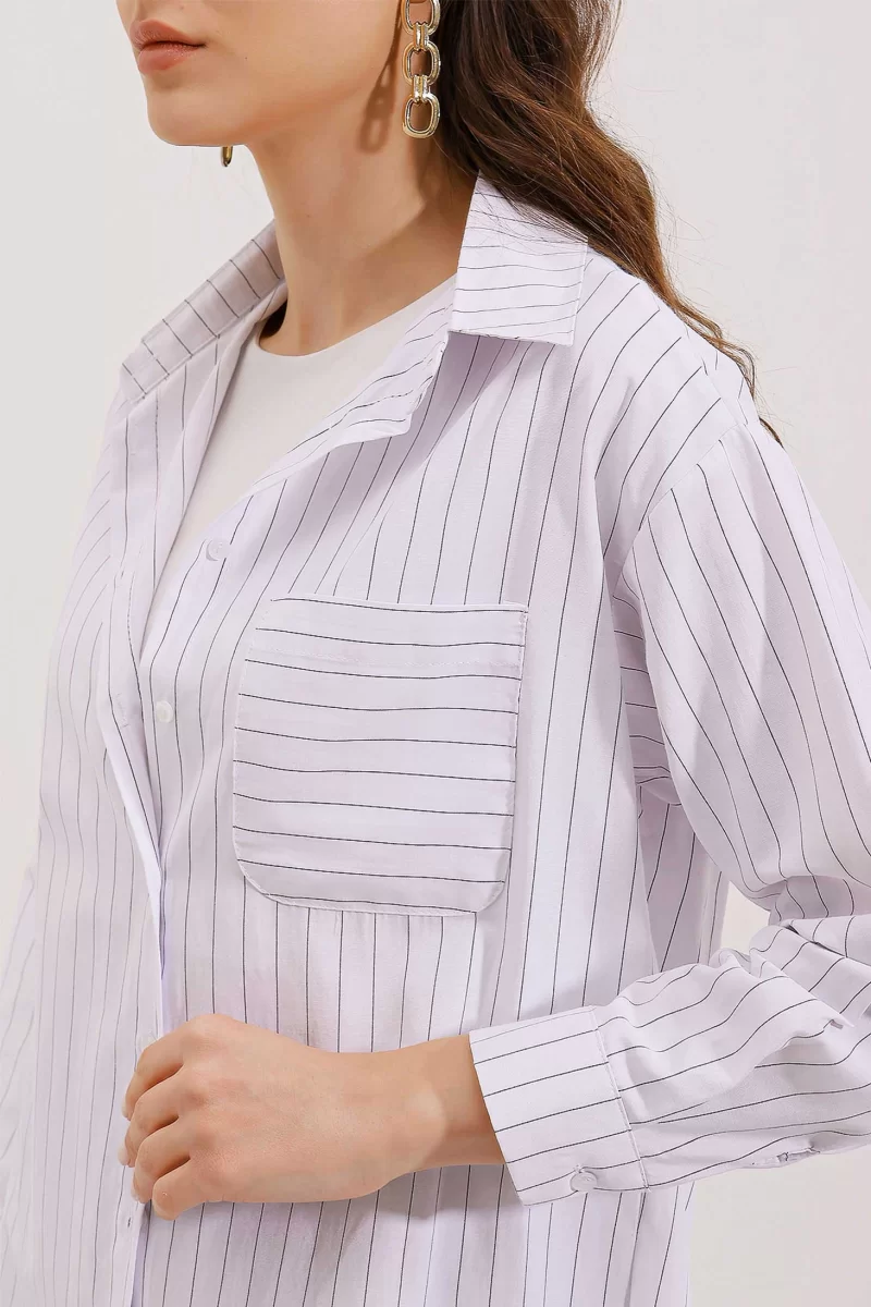 Kadın Oversize Çizgili Pamuklu Beyaz Gömlek
