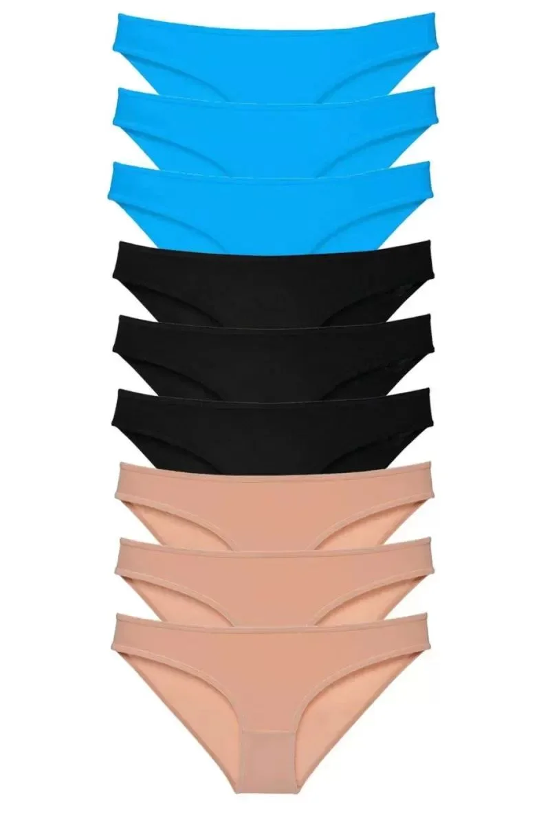 9 Adet Süper Eko Set Likralı Kadın Slip Külot Siyah Ten Mavi
