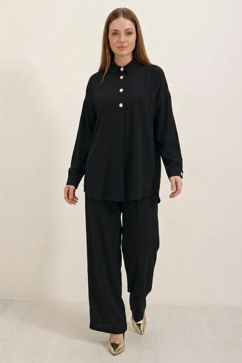 Kadın Düğmeli Oversize Siyah Takım