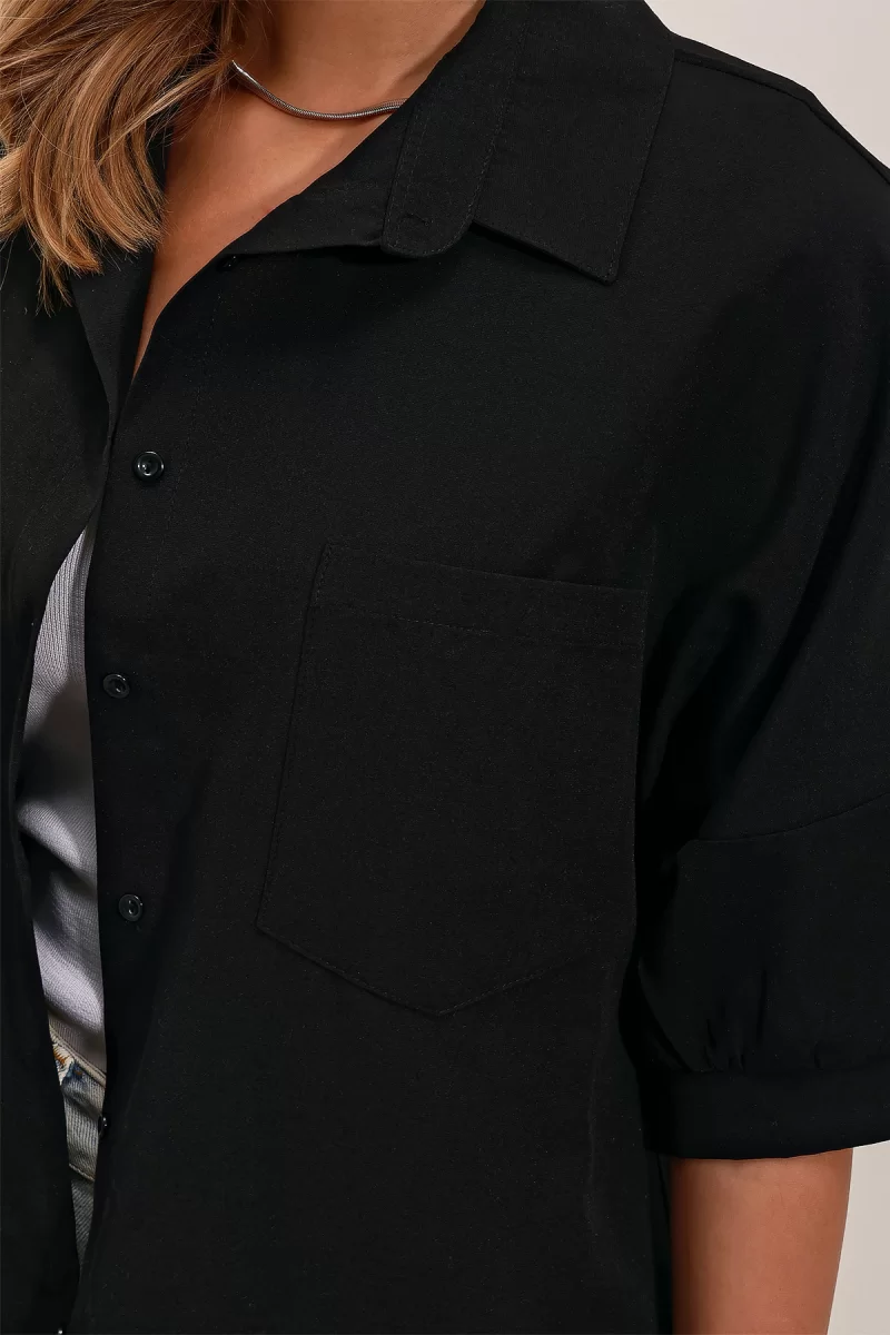 Kadın Kısa Kol Basic Oversize Pamuklu Siyah Gömlek