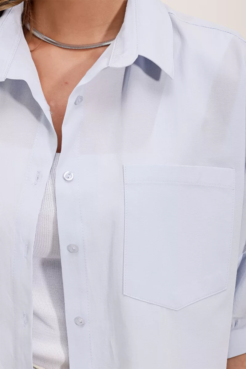 Kadın Cep Detaylı Basic Oversize Kısa Kol Pamuklu Bebe Mavisi Gömlek