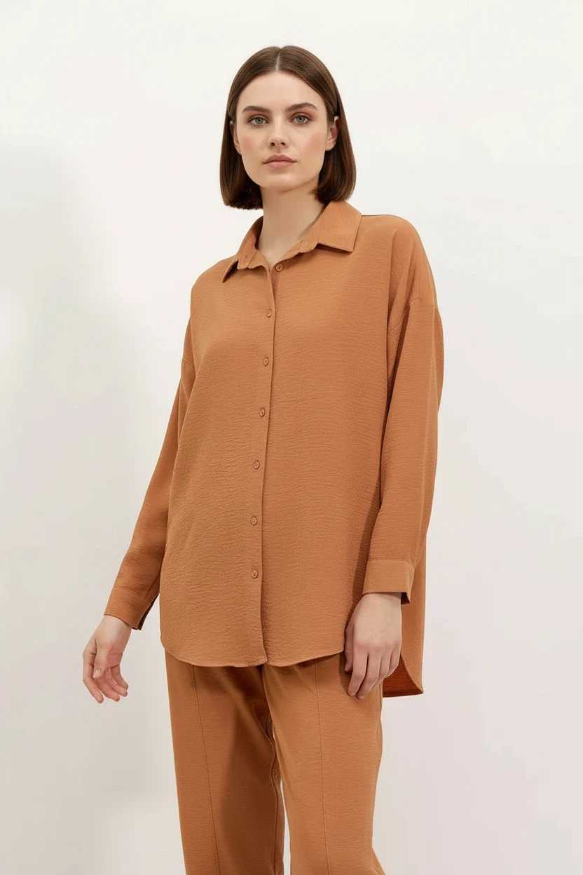Kadın Gömlek Yaka Oversize Taba İkili Takım