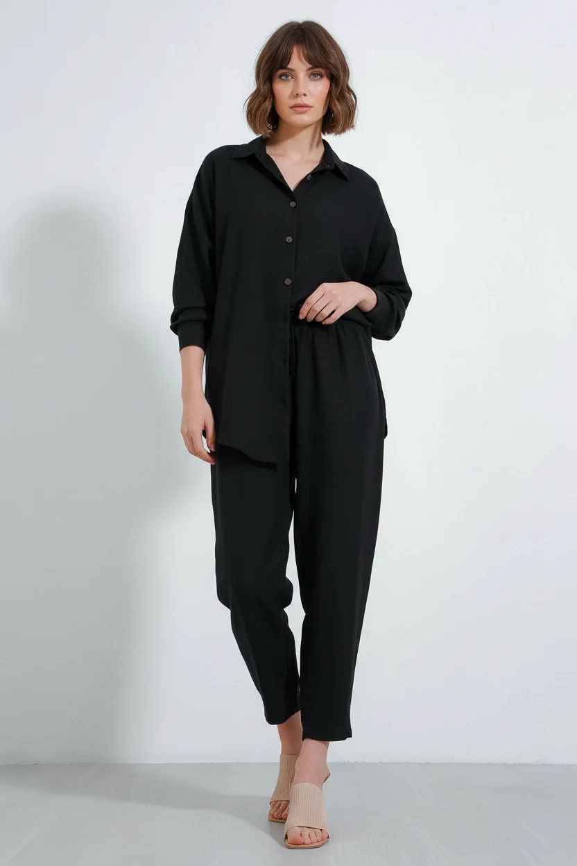 Kadın Beli Büzgülü Oversize Viskon Siyah Takım