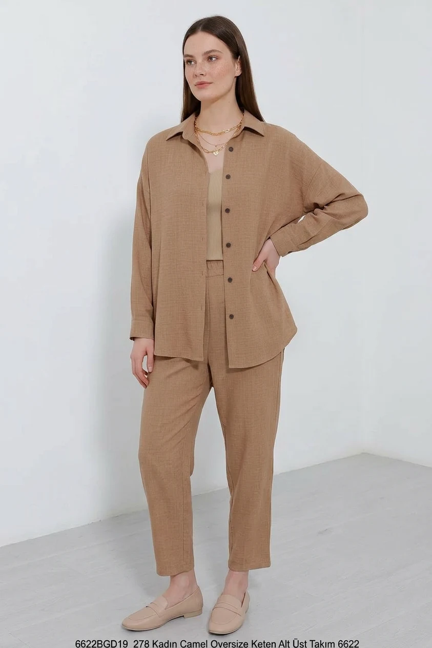 Kadın Oversize Viskon Camel Takım