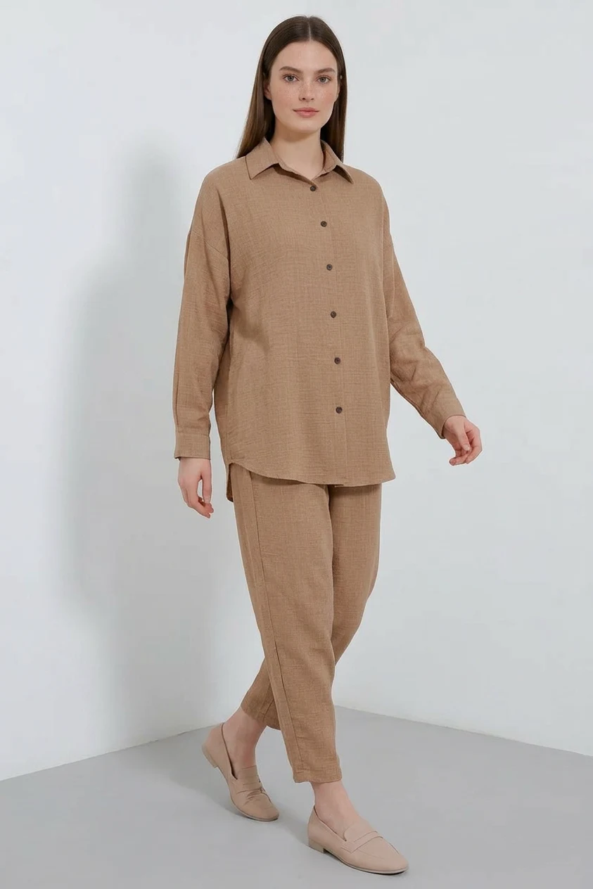 Kadın Oversize Viskon Camel Takım