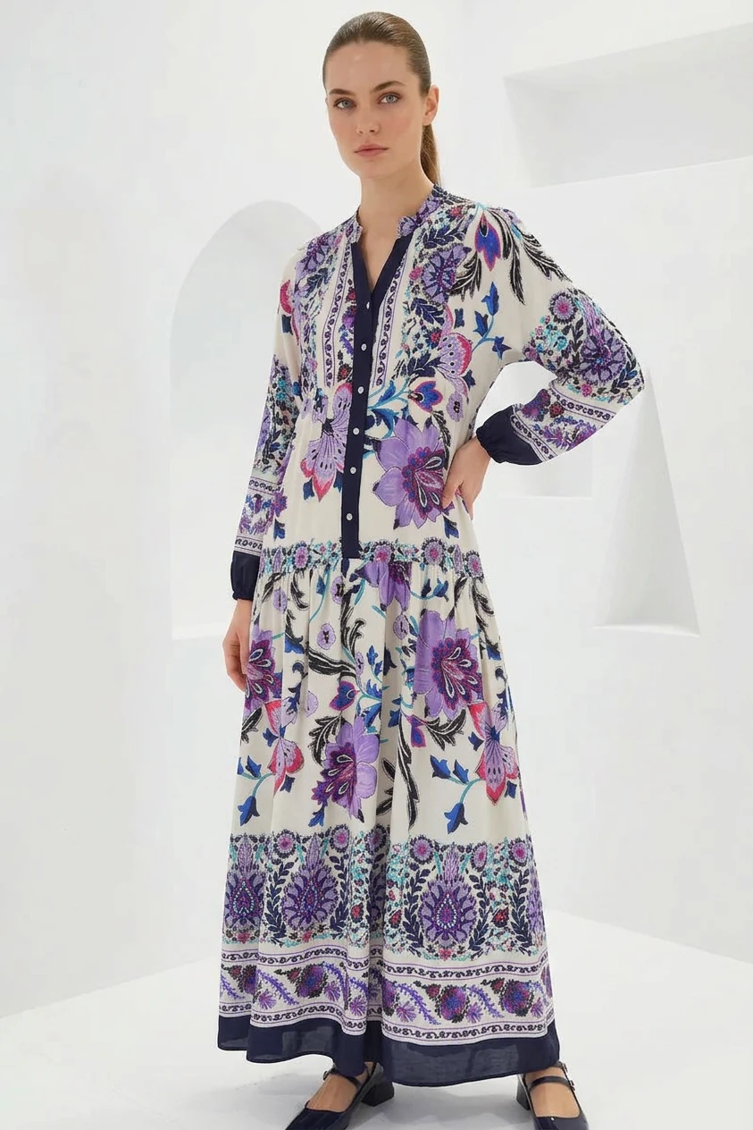 Kadın Hakim Yaka Beli Büzgülü Çiçek Desenli Viskon Lacivert Mor Tesettür Elbise