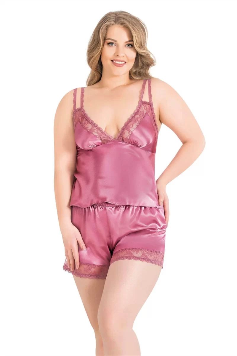 Büyük Beden Gül Kurusu Saten Babydoll Şort Takımı