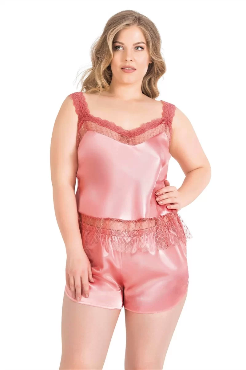 Büyük Beden Mercan Saten Babydoll Şort Takımı