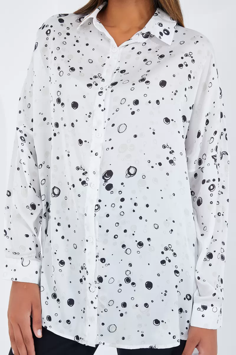 Kadın Oversize Desenli Saten Siyah Beyaz Gömlek