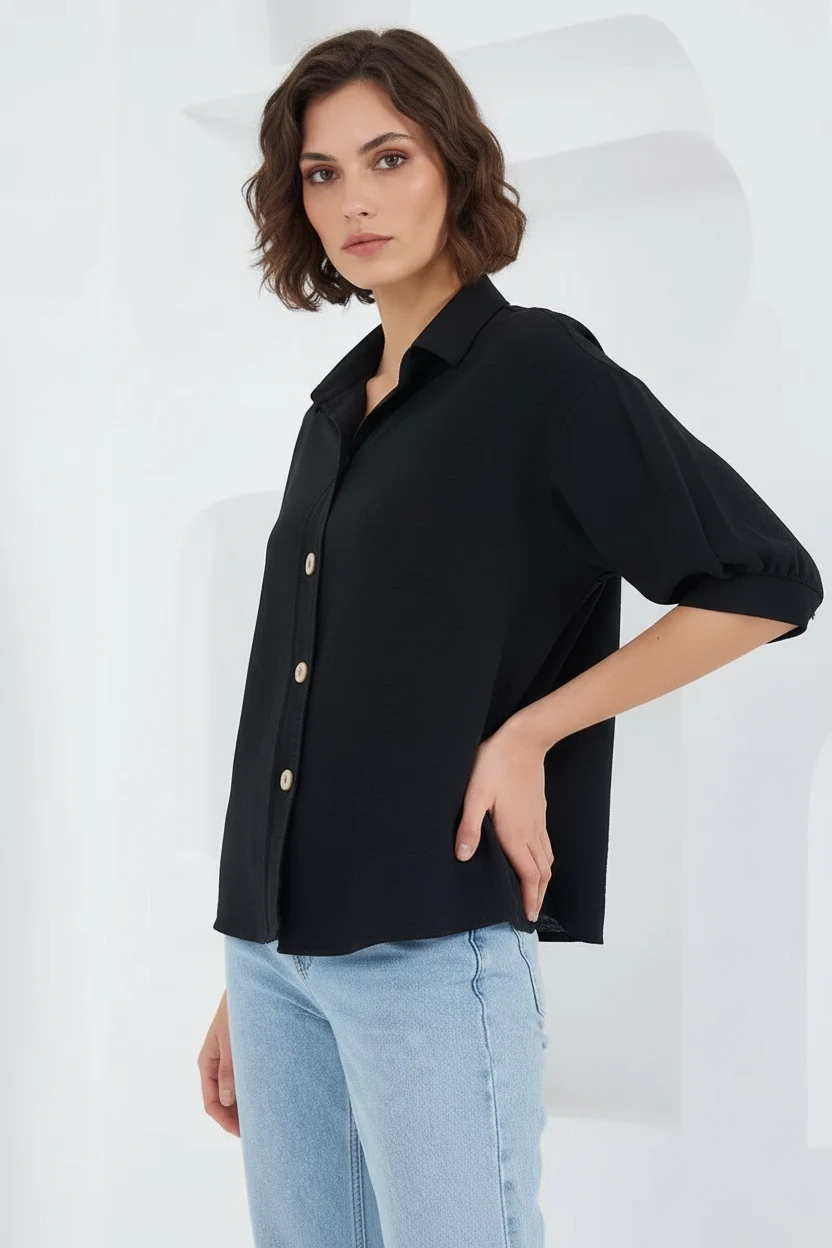 Kadın Kısa Kol Oversize Keten Siyah Gömlek